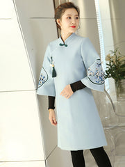 Blue Embroidered Wool Blend Women Cheongsam Tang Coat