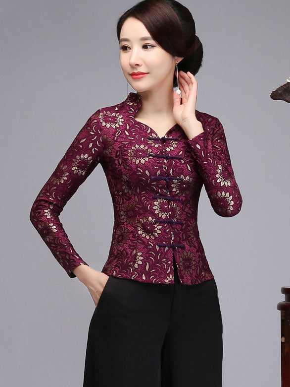Red Purple Mother's Lace Cheongsam Blouse Top
