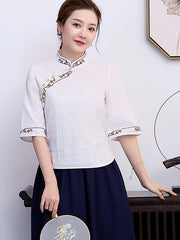 Embroidered Linen Cheongsam Blouse Top with Half Sleeve