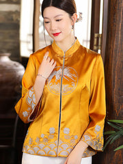 Yellow Blue Embroidered Women Cheongsam Tang Jacket