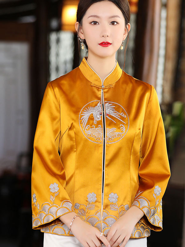 Yellow Blue Embroidered Women Cheongsam Tang Jacket