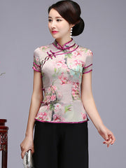 Pink Floral Qi Pao Cheongsam Blouse Top