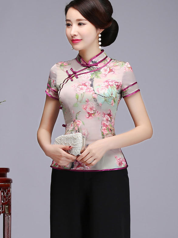 Pink Floral Qi Pao Cheongsam Blouse Top