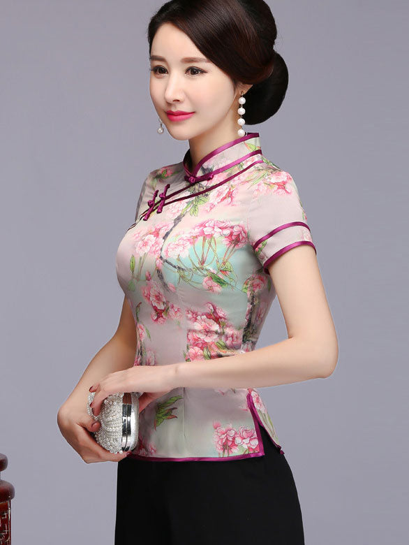 Pink Floral Qi Pao Cheongsam Blouse Top
