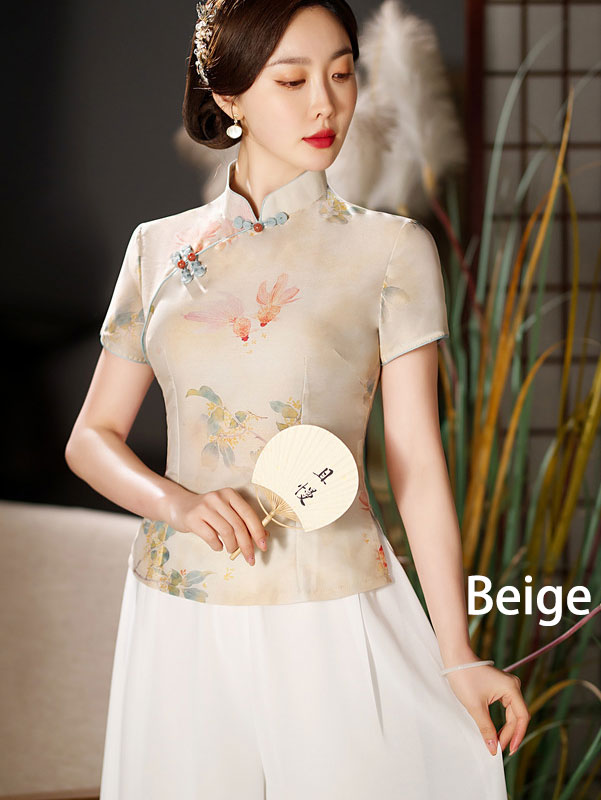 2023 Summer Floral Linen Cheongsam Blouse Top
