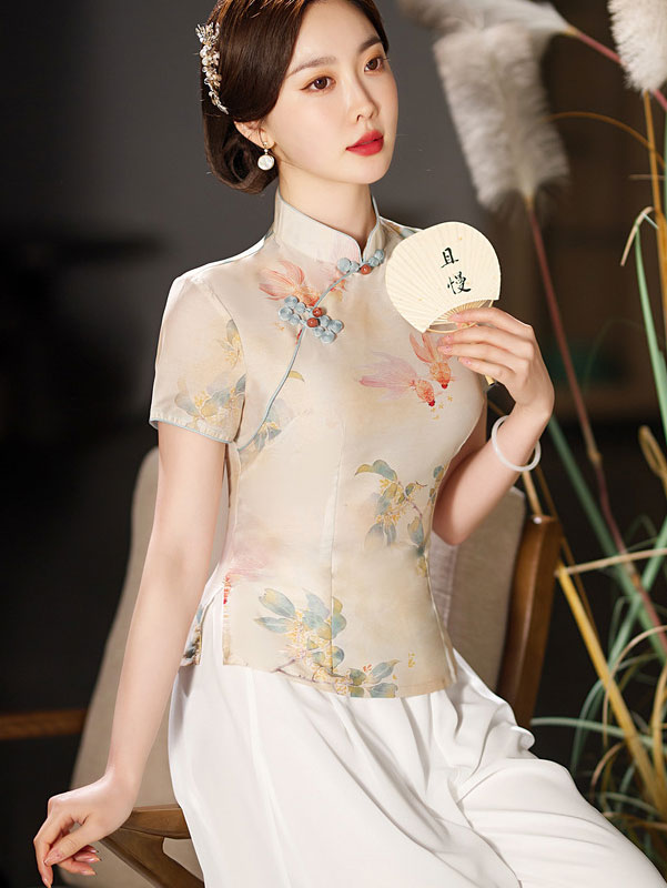 2023 Summer Floral Linen Cheongsam Blouse Top