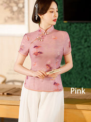 2023 Summer Floral Linen Cheongsam Blouse Top