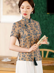 2023 Summer Floral Linen Cheongsam Blouse Top