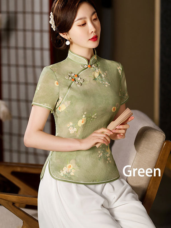 2023 Summer Floral Linen Cheongsam Blouse Top