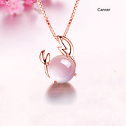 12 Constellation Zodiac Silver Pink Crystal Pendant Necklace