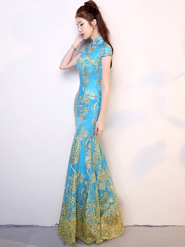 Red Blue Sequined Mermaid Qipao / Cheongsam Wedding Dress