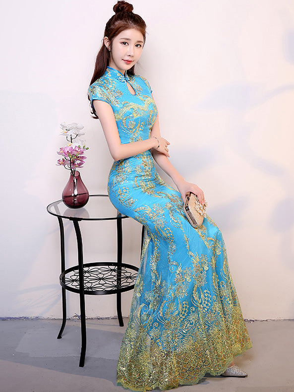 Red Blue Sequined Mermaid Qipao / Cheongsam Wedding Dress