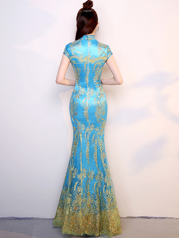 Red Blue Sequined Mermaid Qipao / Cheongsam Wedding Dress