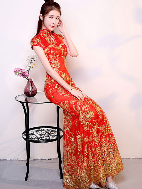 Red Blue Sequined Mermaid Qipao / Cheongsam Wedding Dress