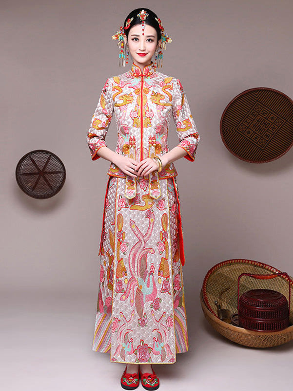 Movie Star Pink Embroidered Chinese Wedding Bridal Qun Kwa