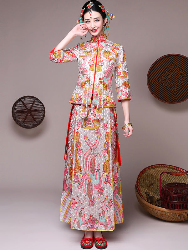 Movie Star Pink Embroidered Chinese Wedding Bridal Qun Kwa