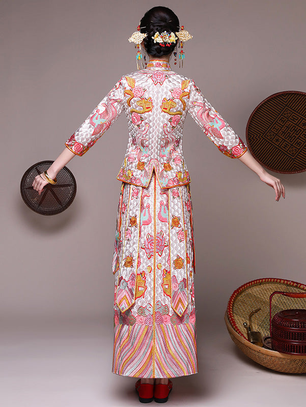 Movie Star Pink Embroidered Chinese Wedding Bridal Qun Kwa