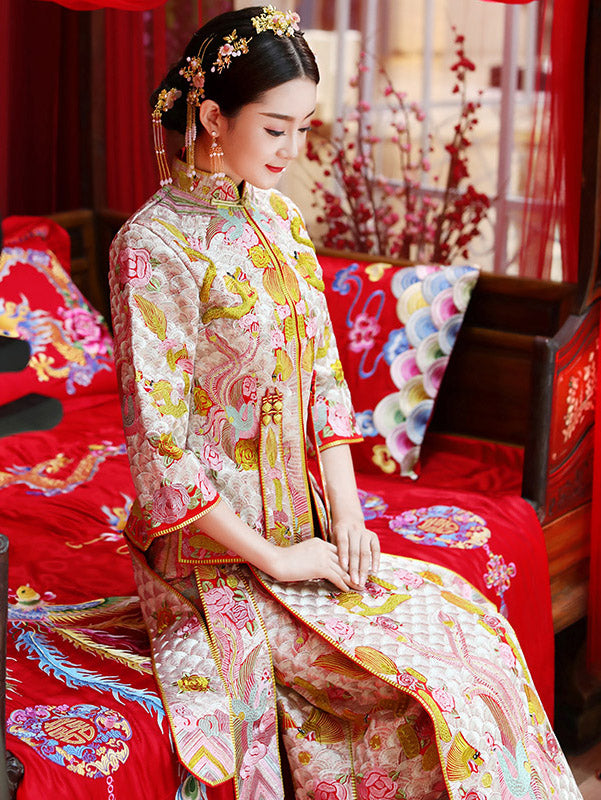 Movie Star Pink Embroidered Chinese Wedding Bridal Qun Kwa