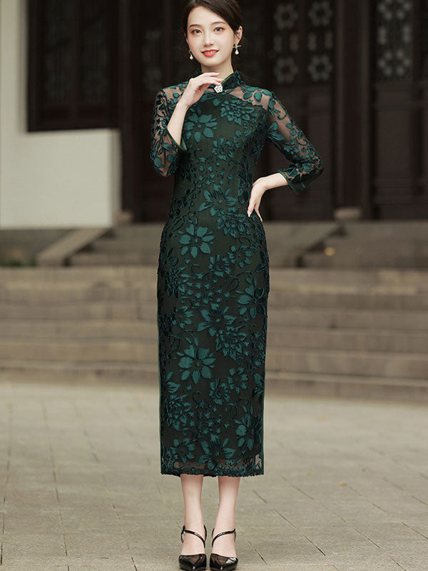 Black Green Velvet Long Qipao / Cheongsam Dress with Lace Sleeves