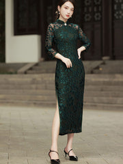 Black Green Velvet Long Qipao / Cheongsam Dress with Lace Sleeves
