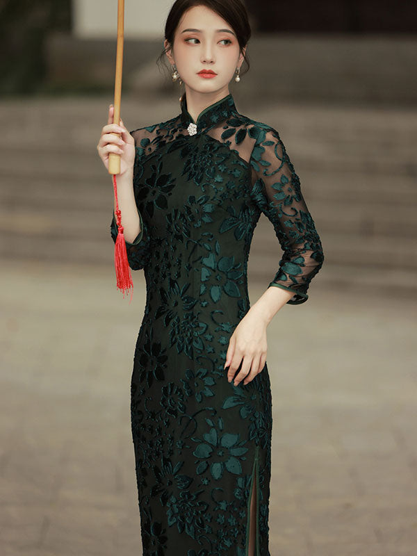 Black Green Velvet Long Qipao / Cheongsam Dress with Lace Sleeves