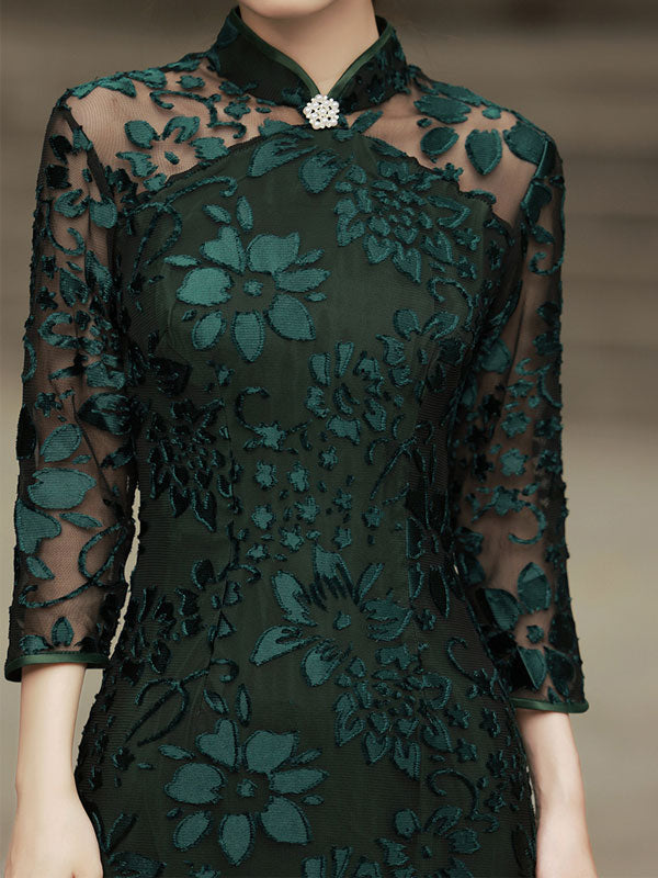 Black Green Velvet Long Qipao / Cheongsam Dress with Lace Sleeves