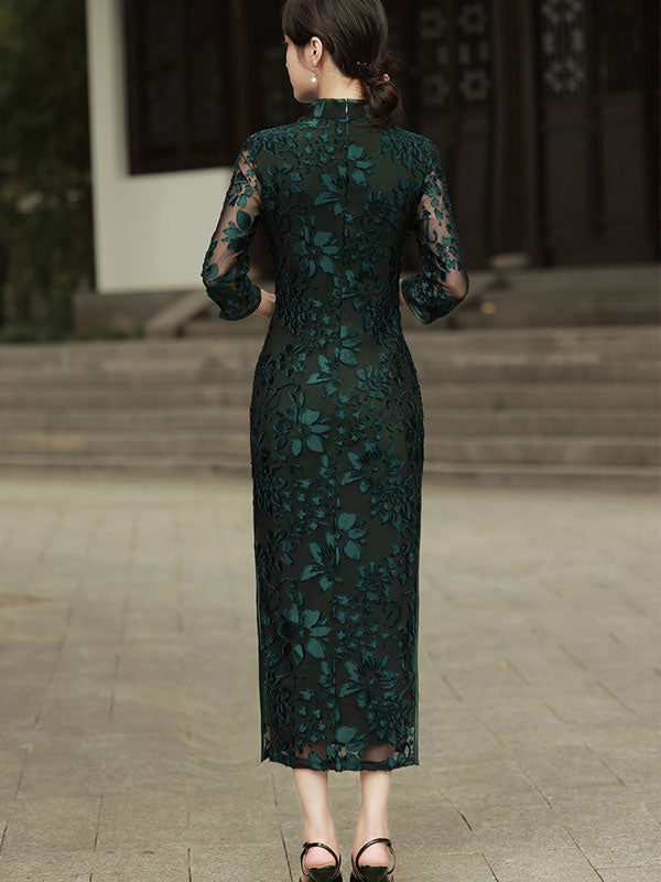 Black Green Velvet Long Qipao / Cheongsam Dress with Lace Sleeves