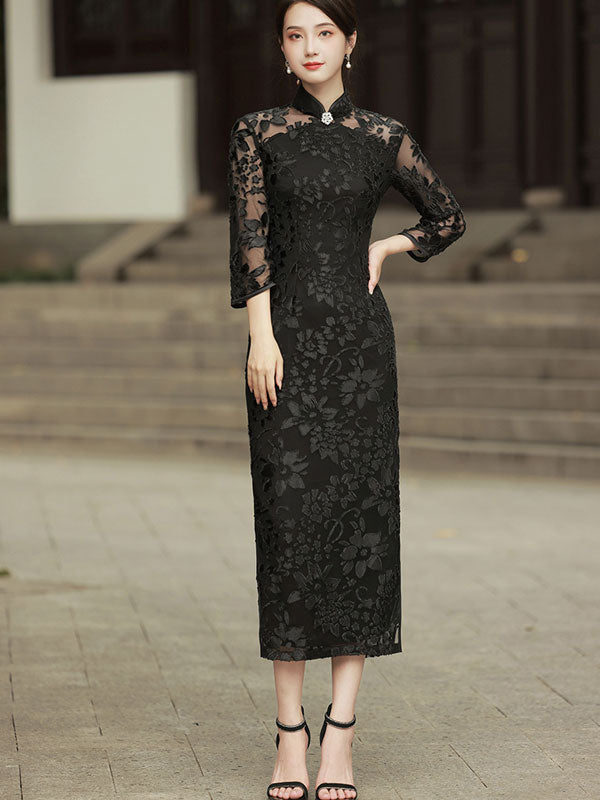 Black Green Velvet Long Qipao / Cheongsam Dress with Lace Sleeves