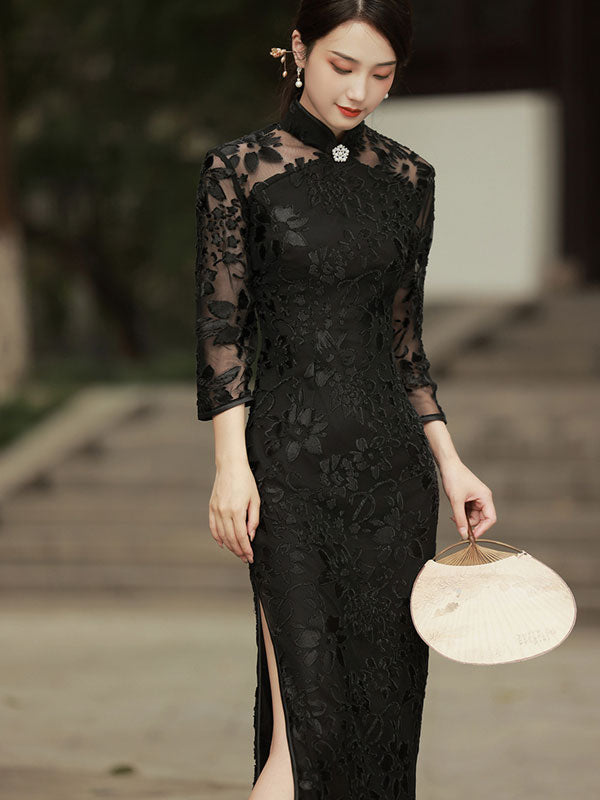 Black Green Velvet Long Qipao / Cheongsam Dress with Lace Sleeves