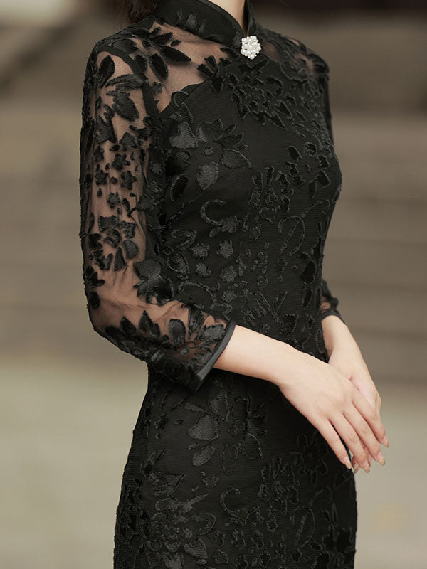 Black Green Velvet Long Qipao / Cheongsam Dress with Lace Sleeves