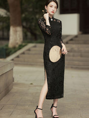Black Green Velvet Long Qipao / Cheongsam Dress with Lace Sleeves