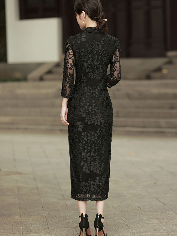 Black Green Velvet Long Qipao / Cheongsam Dress with Lace Sleeves