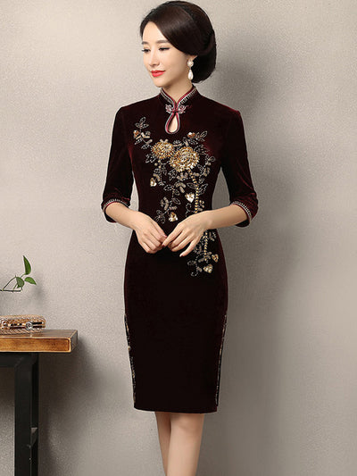 Mothers Velvet Mid Qi Pao Cheongsam Dress with Beaded Floral