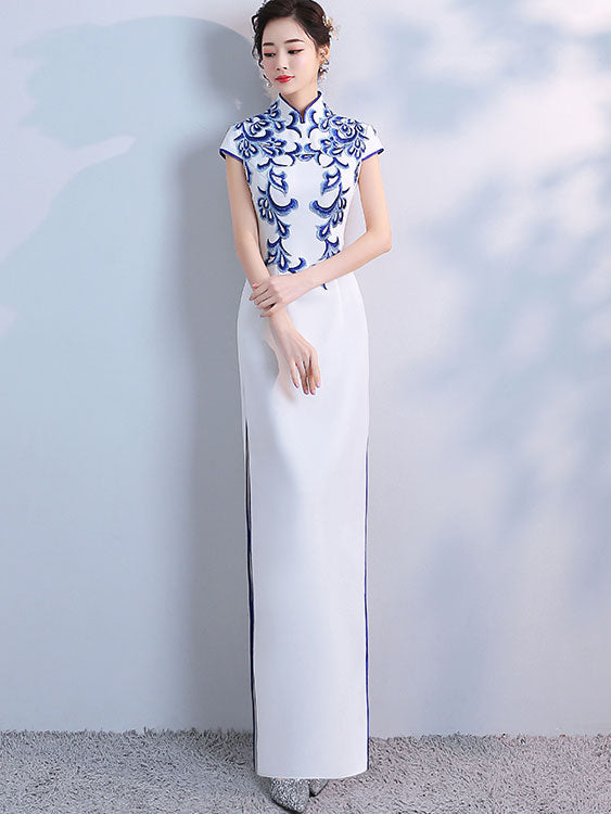 Appliques White Full-Length Qipao Cheongsam Evening Dress