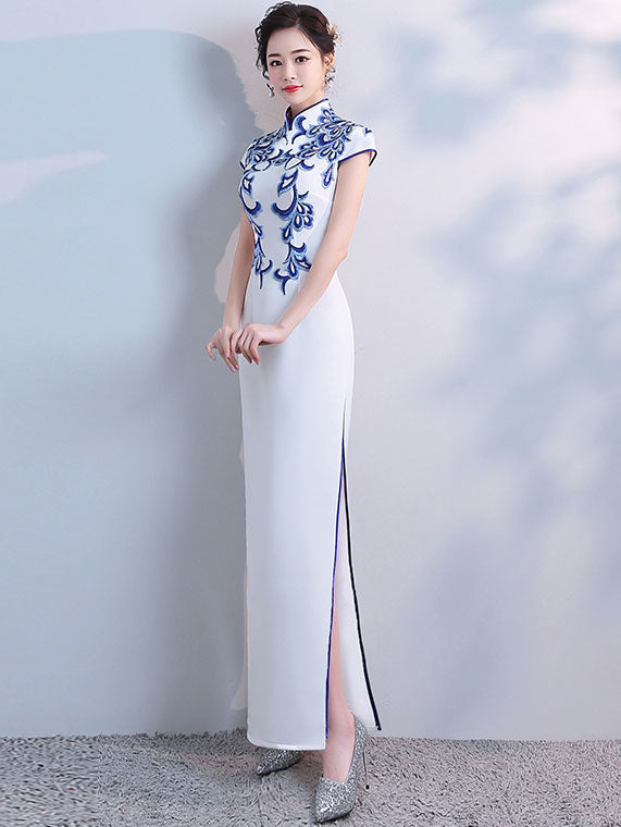 Appliques White Full-Length Qipao Cheongsam Evening Dress