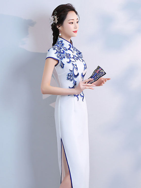 Appliques White Full-Length Qipao Cheongsam Evening Dress