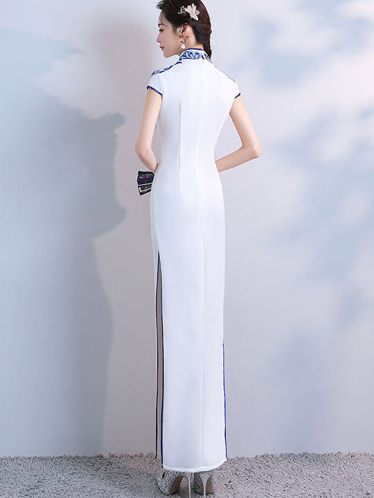 Appliques White Full-Length Qipao Cheongsam Evening Dress