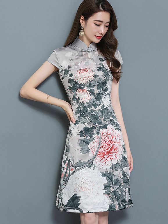Floral A-Line Midi Modern Qipao / Cheongsam Dress