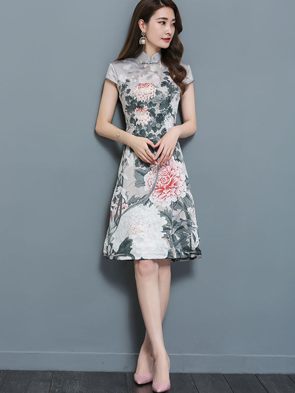 Floral A-Line Midi Modern Qipao / Cheongsam Dress