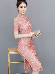 Pink Gray Floral Lace Midi Cheongsam Qi Pao Dress