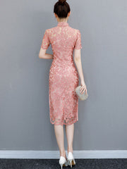 Pink Gray Floral Lace Midi Cheongsam Qi Pao Dress