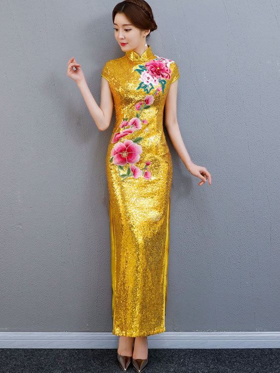 Sequin Embroidered Maxi Qipao / Cheongsam Evening Dress