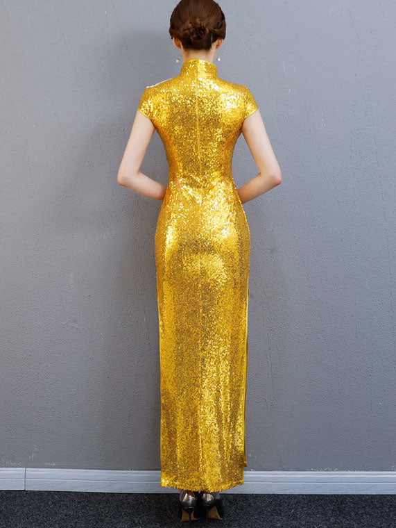 Sequin Embroidered Maxi Qipao / Cheongsam Evening Dress