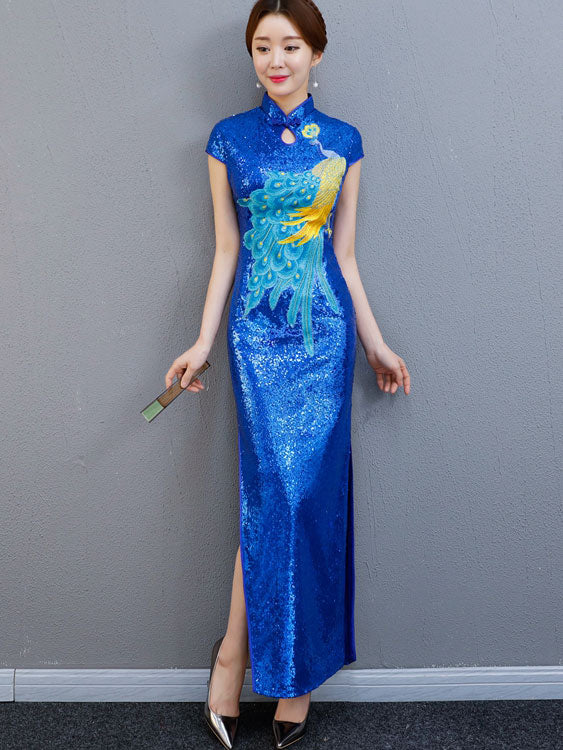 Sequin Embroidered Maxi Qipao / Cheongsam Evening Dress