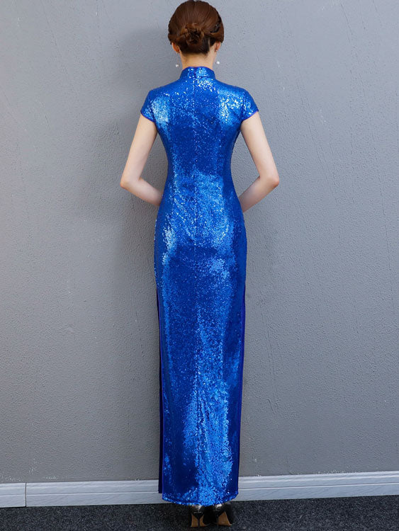 Sequin Embroidered Maxi Qipao / Cheongsam Evening Dress