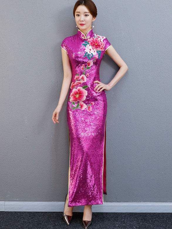 Sequin Embroidered Maxi Qipao / Cheongsam Evening Dress