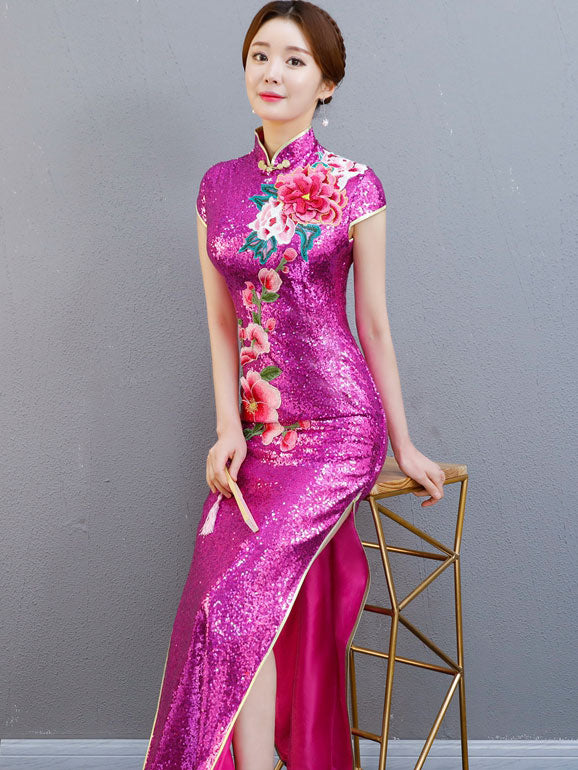 Sequin Embroidered Maxi Qipao / Cheongsam Evening Dress