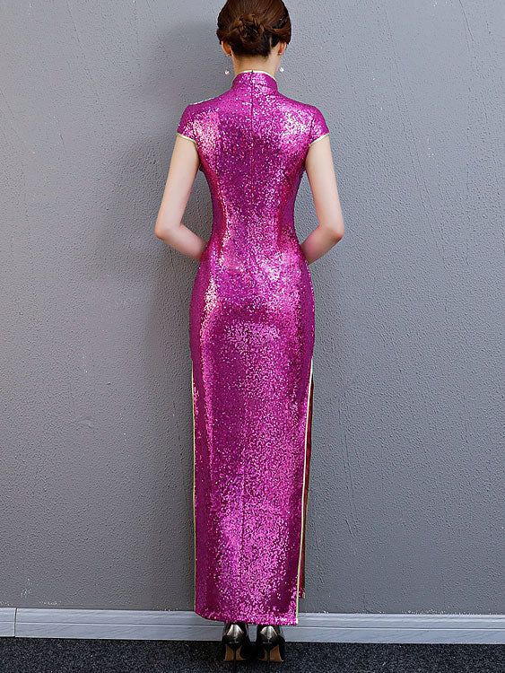 Sequin Embroidered Maxi Qipao / Cheongsam Evening Dress