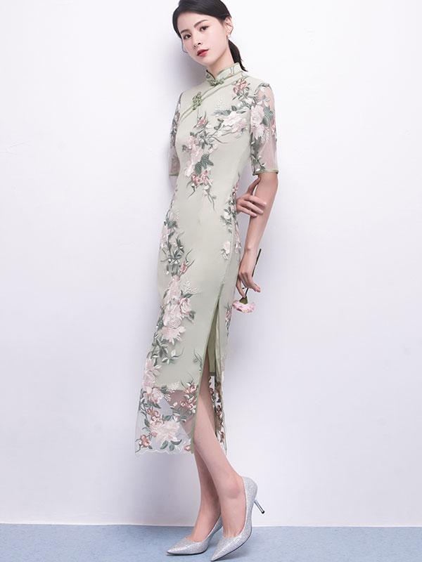 Green Embroidered Long Qipao / Cheongsam Party Dress