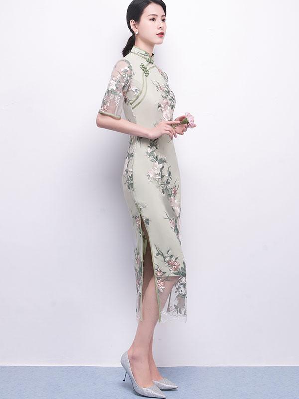 Green Embroidered Long Qipao / Cheongsam Party Dress